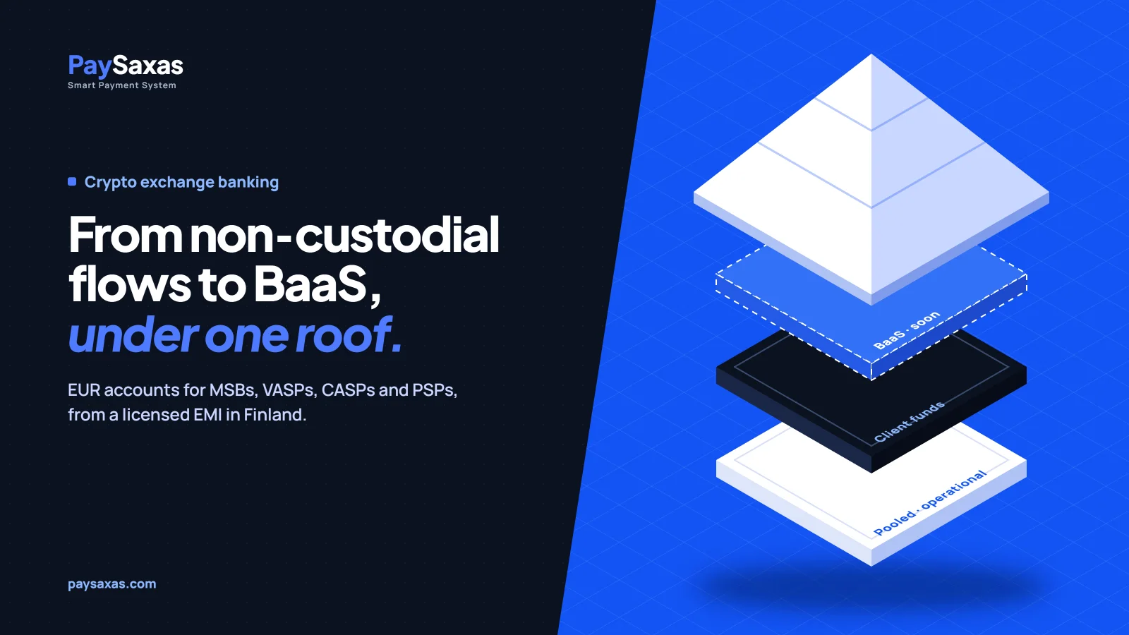 Crypto exchange banking under one roof: pooled, operational and segregated client-funds accounts, with BaaS coming soon