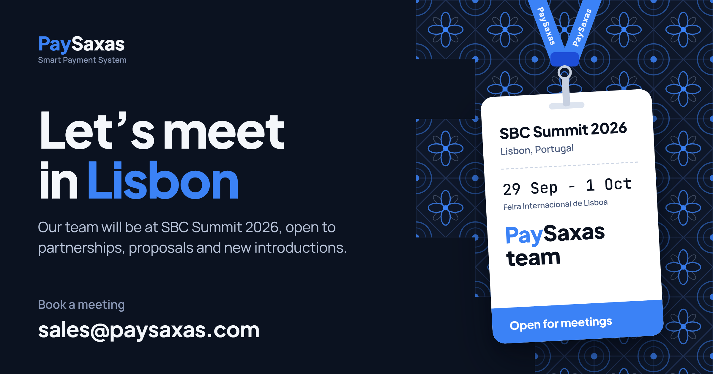 PaySaxas team badge for SBC Summit 2026 in Lisbon on a blue azulejo tile wall