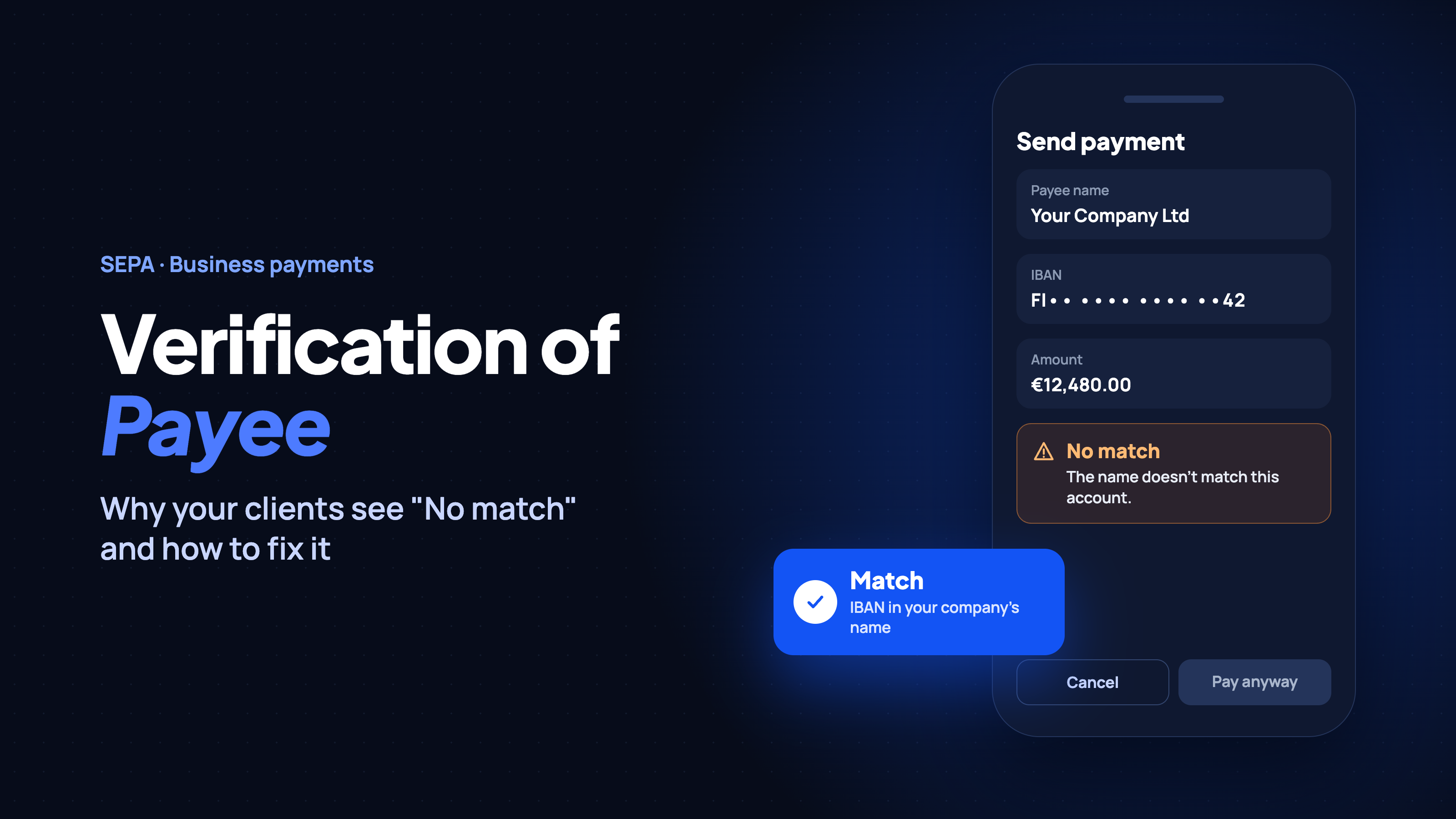 Verification of Payee: a payment app showing a No match warning next to a verified Match result