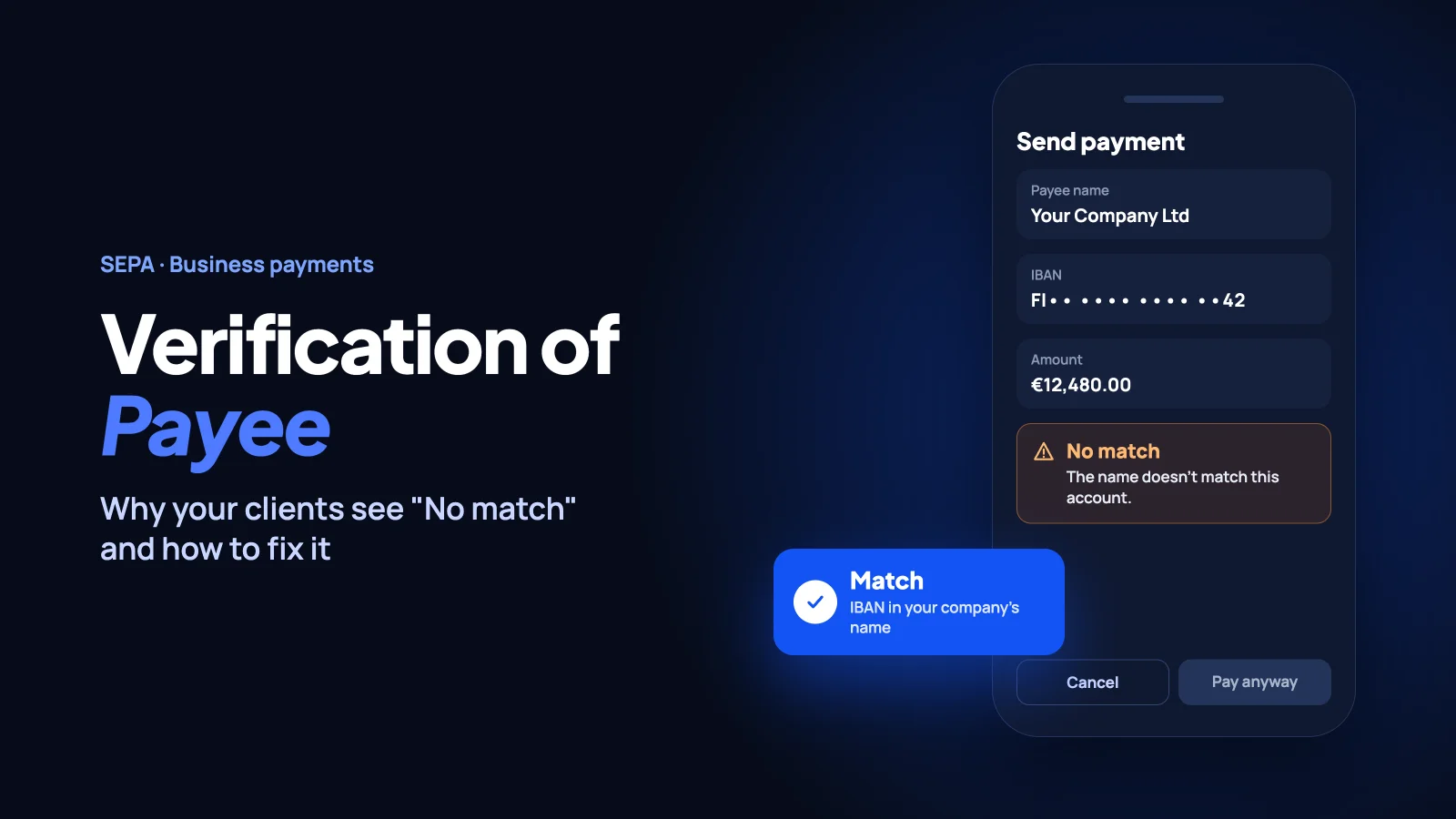 Verification of Payee: a payment app showing a No match warning next to a verified Match result